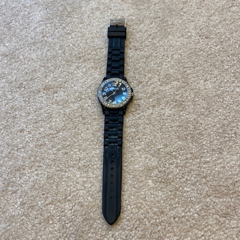 Womens black silicone watch with rhinestones